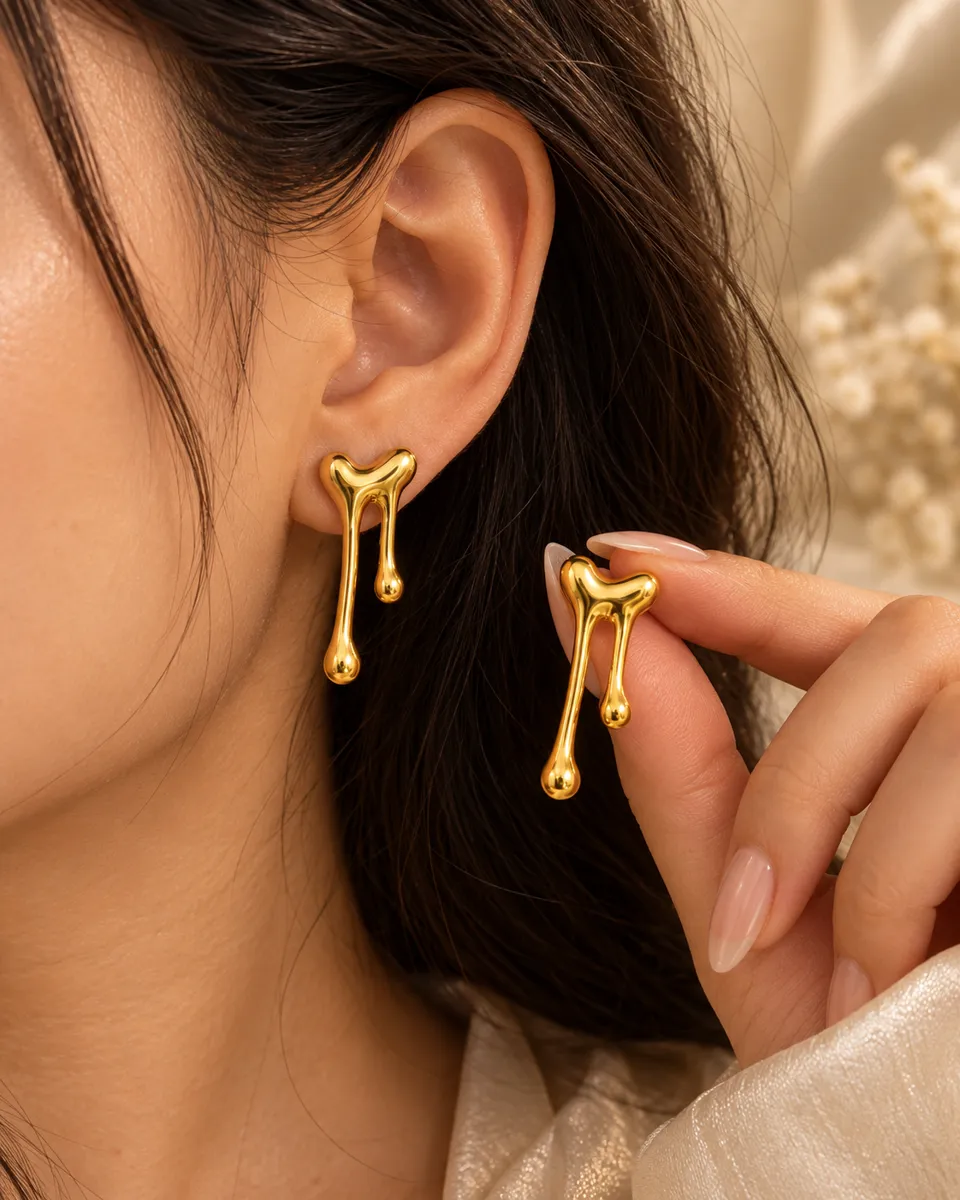 Liquid Gold Melting Heart Stud Earrings – Gold-Tone